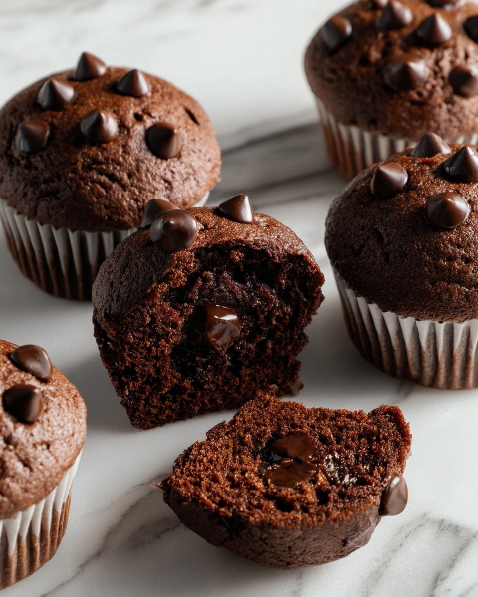 The image shows five chocolate muffins on a white marbled surface. Four whole muffins have a brown color with a slightly rough texture and are topped with several shiny, dark chocolate chips scattered unevenly on their domed tops. One muffin is cut in half, revealing a soft and moist crumb inside with melting chocolate chips creating a glossy, gooey look inside the rich chocolate cake. The muffin papers are white and thin, hugging the sides of each muffin. The focus is on the broken muffin in the center, showing the rich chocolate texture clearly. Photo taken with an iphone --ar 4:5 --v 7
