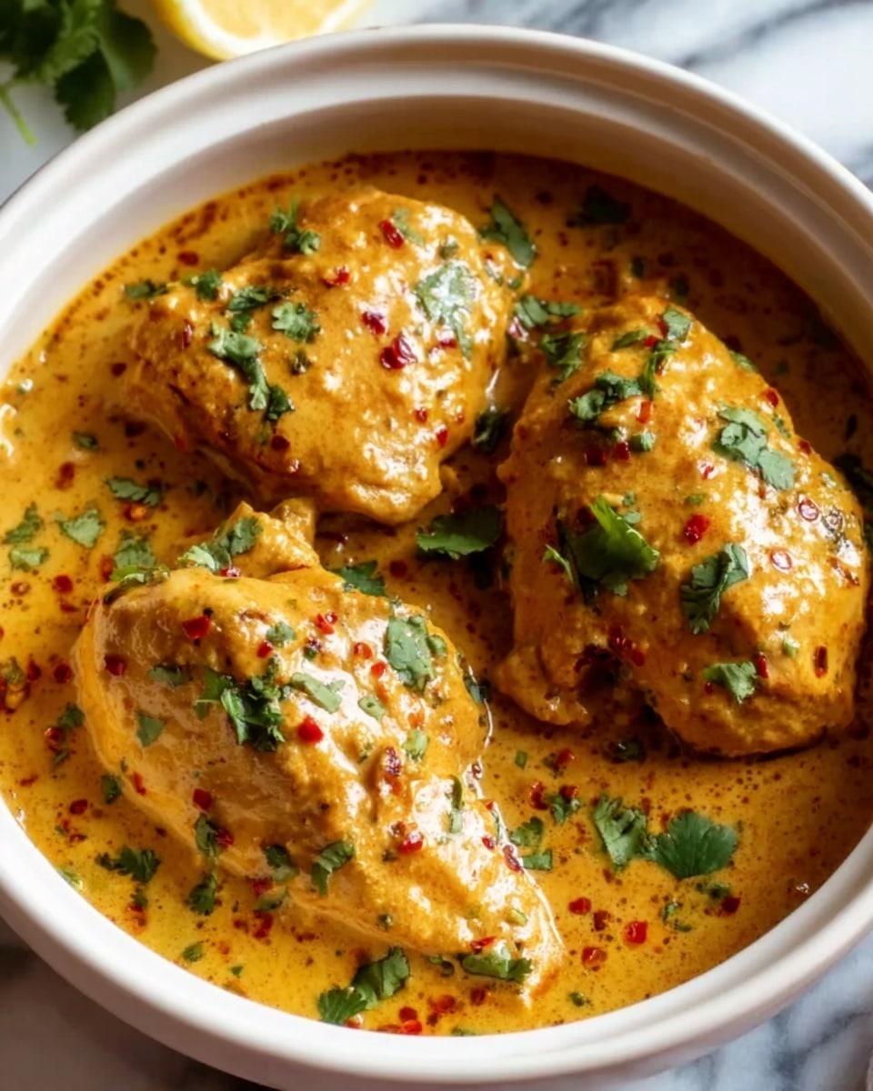 The image shows a close-up of three pieces of cooked chicken, each coated thickly in a creamy orange-yellow sauce with a smooth texture. The chicken pieces are arranged in a round white bowl filled with the same sauce, which has some small specks of red chili flakes and finely chopped green herbs sprinkled on top. The sauce looks rich and slightly glossy. Small fresh cilantro leaves are scattered over the chicken and sauce adding a touch of green contrast. The bowl is placed on a white marbled surface with a small part of a lemon visible at the edge of the frame. photo taken with an iphone --ar 4:5 --v 7