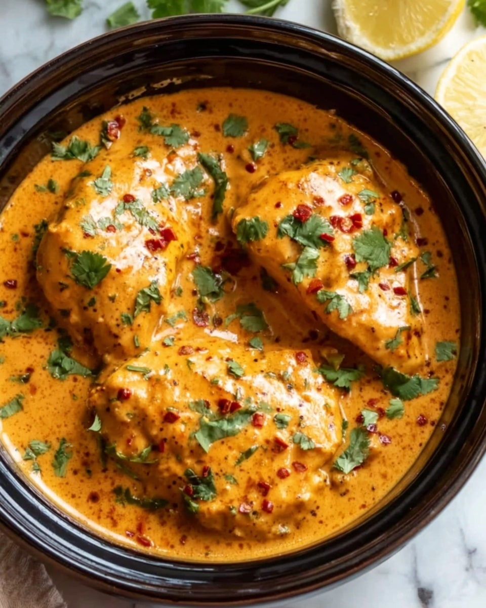 The image shows a round black bowl filled with a creamy orange sauce. There are three pieces of chicken breast sitting in the sauce, each piece coated with the smooth, thick sauce. Green cilantro leaves are scattered on top of the chicken and sauce, along with small red chili flakes adding color and texture. The bowl is placed on a white marbled textured surface, with a partial view of a lemon slice at the top right corner. The sauce looks rich and slightly glossy, covering the chicken evenly. photo taken with an iphone --ar 4:5 --v 7