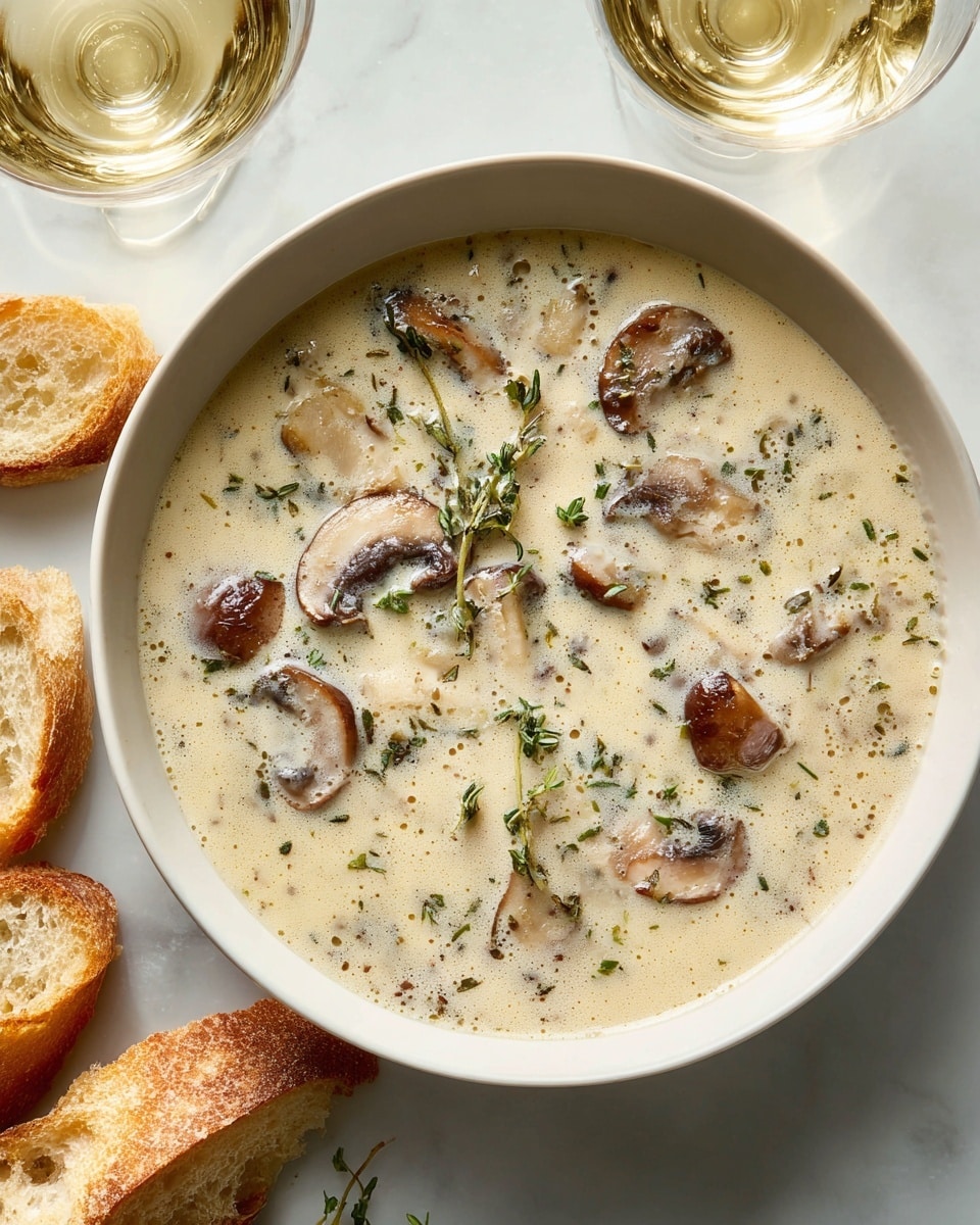 A white bowl filled with creamy mushroom soup is shown from above. The soup has a smooth light beige color with visible chunks of brown mushrooms and pieces of rice or small pasta spread throughout. Small green herbs and thyme sprigs float on top, adding a fresh touch to the creamy texture. The bowl sits on a white marbled surface with torn pieces of crusty bread nearby and a glass of light yellow liquid at the edge of the frame. photo taken with an iphone --ar 4:5 --v 7