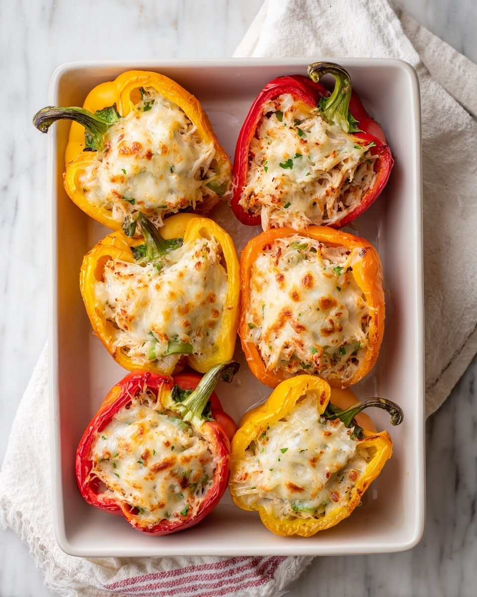 The image shows six stuffed bell pepper halves arranged in a white rectangular dish on a white marbled surface. Each pepper half acts as a colorful base layer, with red, yellow, and orange pepper skins visible. Inside each pepper half is a shredded chicken filling mixed with bits of green vegetables, topped with melted cheese that is lightly browned and slightly bubbly. The peppers' stems are still attached, adding a natural touch. The dish is placed on a white cloth with subtle red stripes, visible around the edges of the dish. photo taken with an iphone --ar 4:5 --v 7