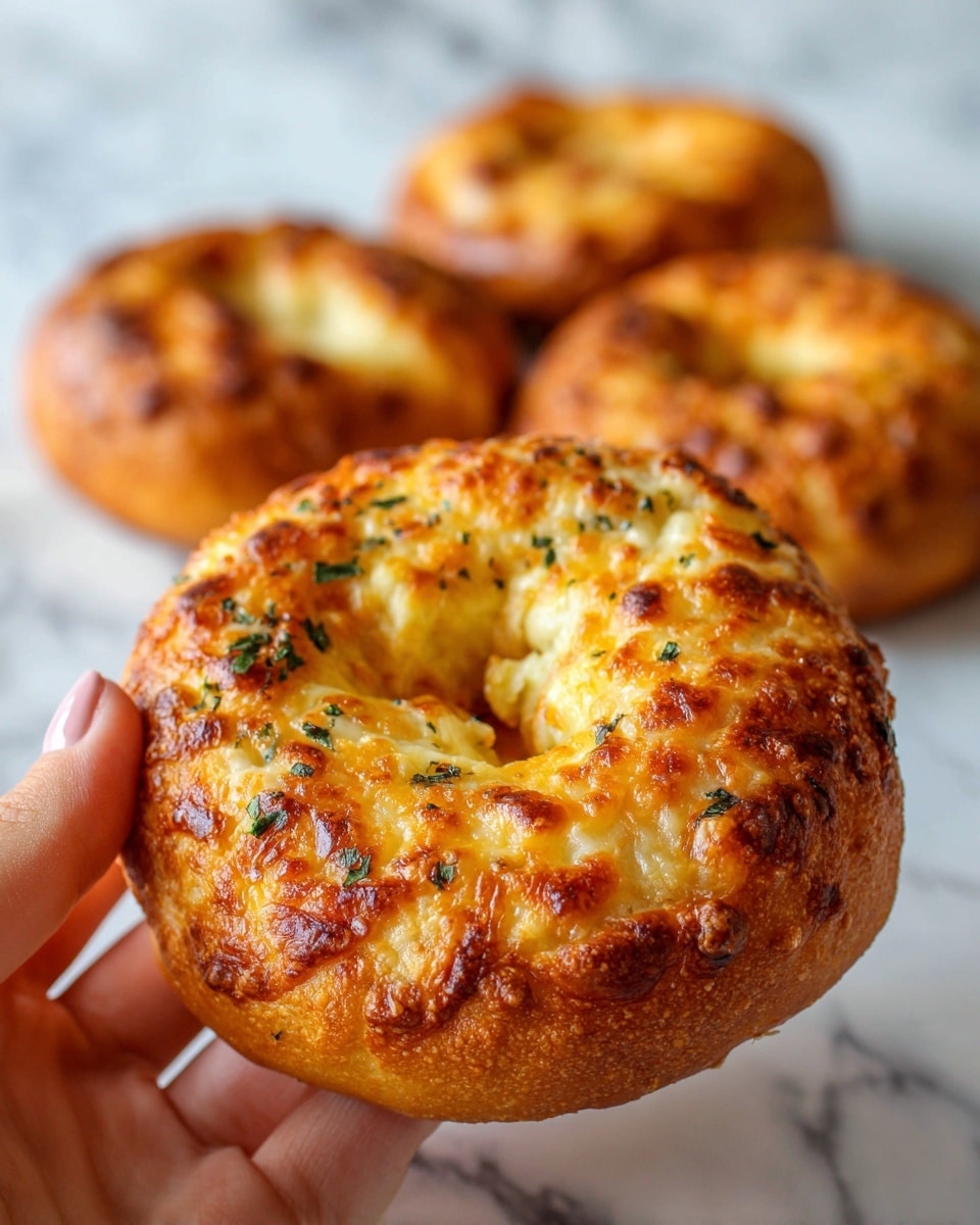 The image shows a close-up of a fresh bagel with three more bagels blurred in the background on a white marbled surface. The bagel has a golden-brown crust with a shiny, slightly crispy texture, topped with melted cheese that has golden spots and small green herb pieces scattered evenly on top. The inside of the bagel looks soft and slightly chewy, with a woman’s hand holding it gently from the side, showing its round shape and smooth edges. The overall color palette is warm with yellow, brown, white, and green tones. Photo taken with an iphone --ar 4:5 --v 7