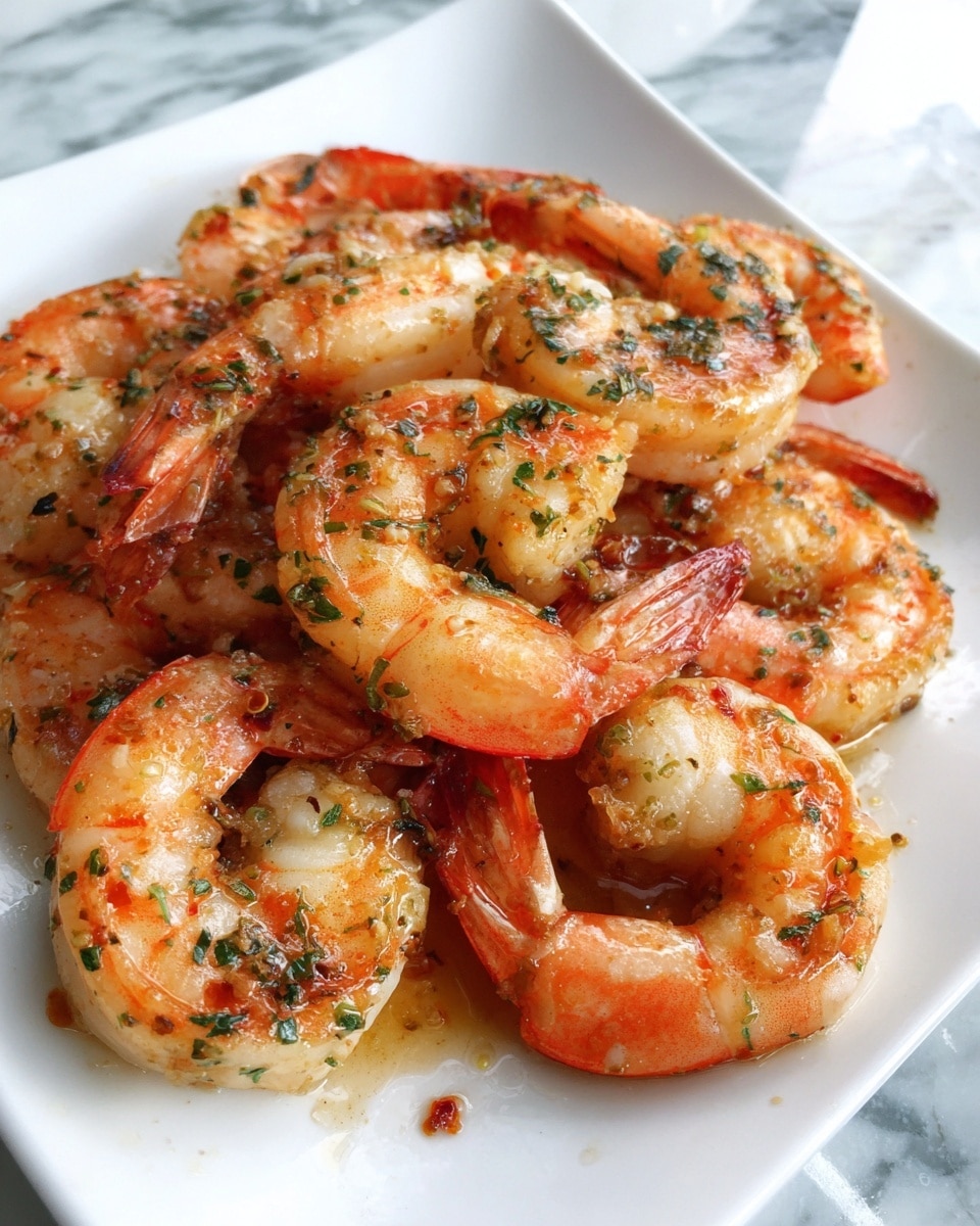 A white square plate filled with cooked shrimp, each piece pink-orange with a slight char and specks of green herbs scattered on top, giving a fresh look. The shrimp are arranged closely together, showing a shiny, slightly oily texture, with some small bits of spices visible across the dish. The background surface is a white marbled texture. photo taken with an iphone --ar 4:5 --v 7
