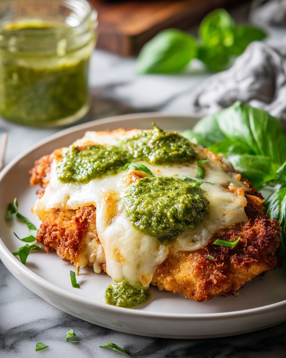 The dish shows a crispy golden-brown breaded chicken breast as the base layer, slightly uneven with crunchy edges. On top is a smooth, creamy layer of melted white cheese that gently covers the chicken, partially dripping over the sides. The final layer is dollops of chunky, bright green pesto sauce placed on top of the cheese, with some spreading onto the white round plate. Fresh green basil leaves are positioned on the side for garnish. The plate sits on a white marbled textured surface with a blurred jar of pesto and a white cloth in the background. photo taken with an iphone --ar 4:5 --v 7