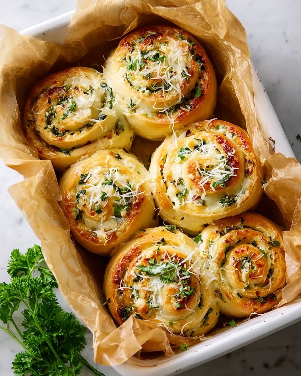 A white rectangular baking dish lined with crumpled brown parchment paper holds five golden-brown cheese and herb swirled rolls. Each roll has two visible layers: a soft, lightly browned dough exterior and a creamy, cheesy filling mixed with green herbs tightly swirled inside. The tops of the rolls are sprinkled with shredded white cheese and small green herb bits that add texture and color contrast. The dish is set on a white marbled surface with some fresh parsley leaves in the lower left corner. photo taken with an iphone --ar 4:5 --v 7