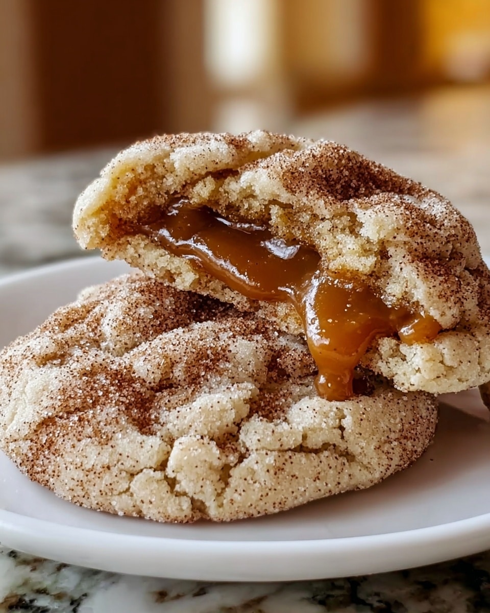 A close-up view of two soft cookies on a white plate. The cookies have a rough, cracked surface with a light beige color, sprinkled generously with cinnamon sugar, giving them a speckled brown and white texture. One cookie is whole and lies flat on the plate, while the other is broken open and resting on top, revealing a thick, glossy caramel filling inside that looks gooey and smooth with a rich amber color. The background shows a blurry indoor setting with warm light. The surface beneath the plate is a white marbled texture. Photo taken with an iphone --ar 4:5 --v 7