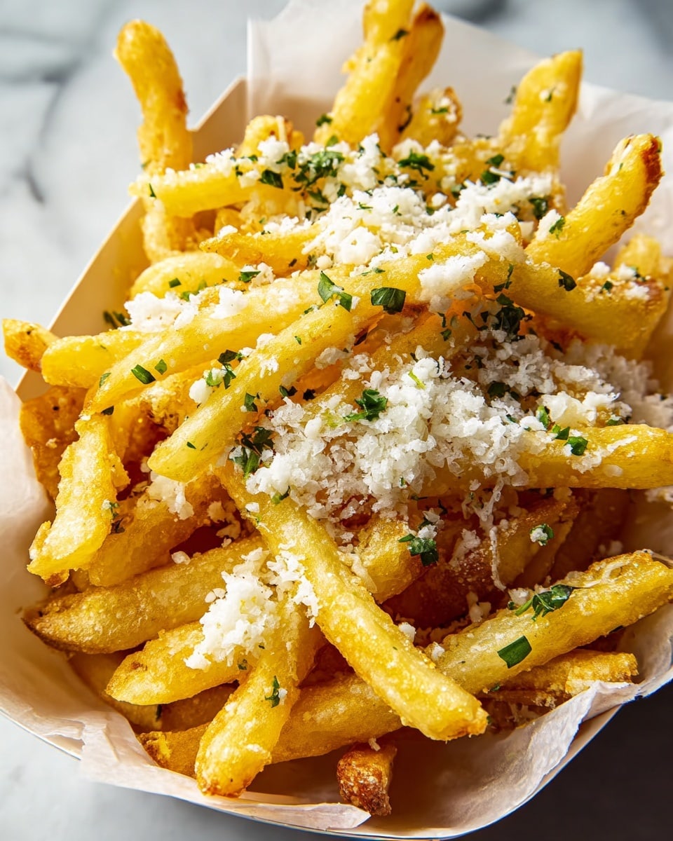 A white paper-lined container holds golden yellow French fries stacked loosely, each fry showing a crispy texture with some light brown edges. The fries are topped with finely grated white cheese that looks soft and fluffy, sprinkled evenly over them. Small pieces of green herbs are dotted lightly across the fries, adding a fresh touch. The container sits on a white marbled surface. photo taken with an iphone --ar 4:5 --v 7