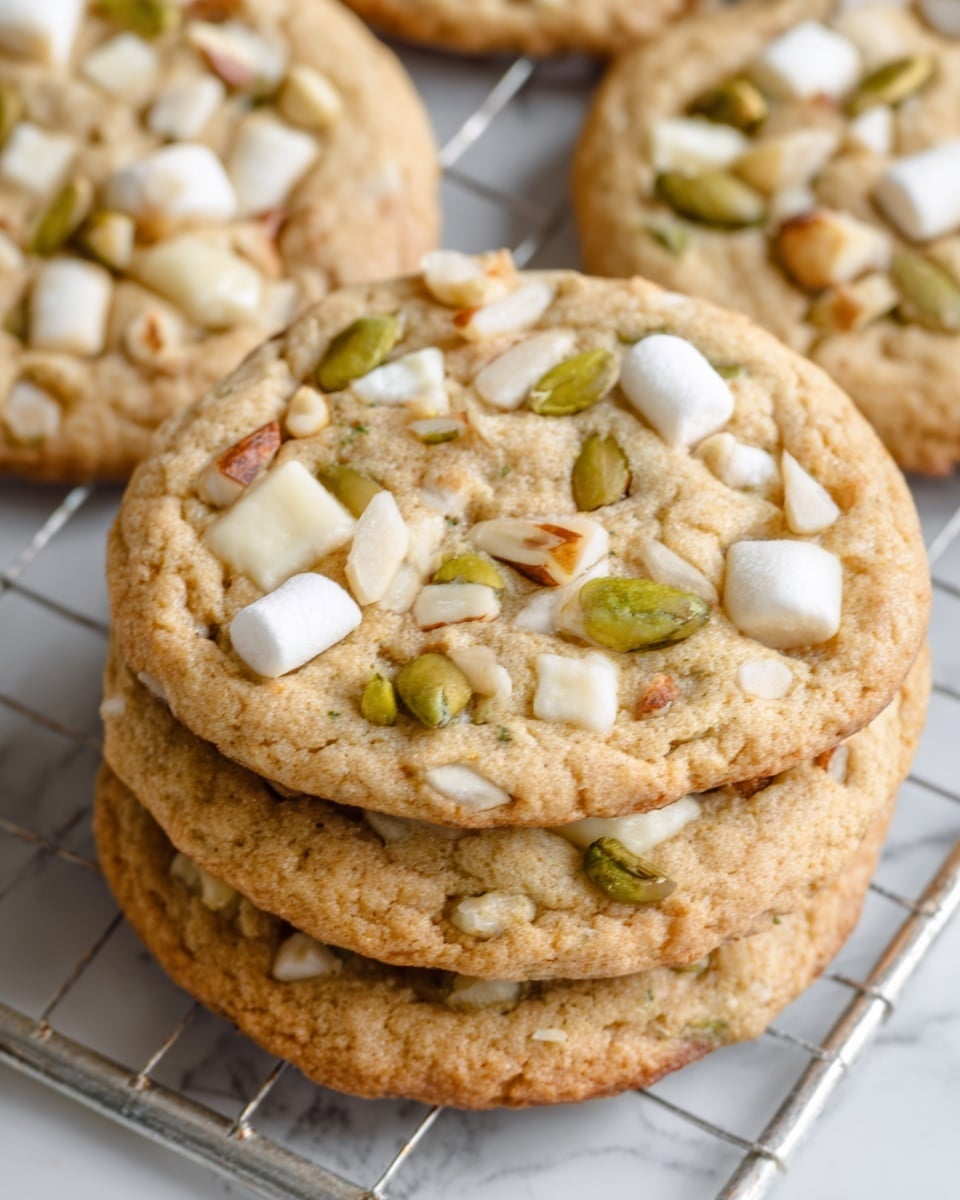 A close-up of several round cookies stacked slightly on top of each other, each cookie is golden brown with a soft texture, topped with small pieces of white nuts and light green pistachio bits spread evenly on the surface. The cookies rest on a white wire cooling rack, placed over a white marbled countertop. The image shows texture details on the cookie edges and toppings. photo taken with an iphone --ar 4:5 --v 7