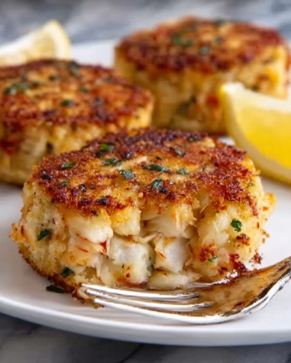 The image shows a close-up of crispy crab cakes on a white plate placed on a white marbled surface. Each crab cake has a golden brown crust with small bits of green herbs on top, giving a crunchy texture. One crab cake is cut open in the front, revealing soft, flaky white crab meat inside. In the background, there are lemon wedges slightly blurred, adding a touch of yellow color. The lighting highlights the crispiness and freshness of the crab cakes. Photo taken with an iphone --ar 4:5 --v 7