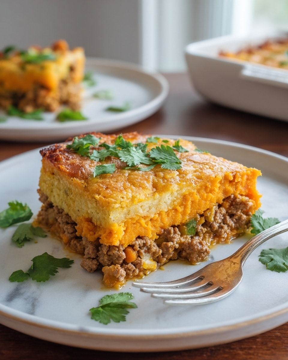 A square slice of layered casserole is shown on a white plate with a slightly raised edge. The dish has three main layers: the top layer is golden-brown and slightly crispy with a light, fluffy texture, the middle layer is a smooth, bright orange spread which looks like mashed sweet potatoes, and the bottom layer is crumbly, light brown ground meat mixed with finely chopped vegetables. Fresh green cilantro leaves are scattered on top and around the plate for decoration. A silver fork rests on the right side of the plate. The background features another plate with a similar slice and a soft-focus window view, all set against a white marbled surface. photo taken with an iphone --ar 4:5 --v 7
