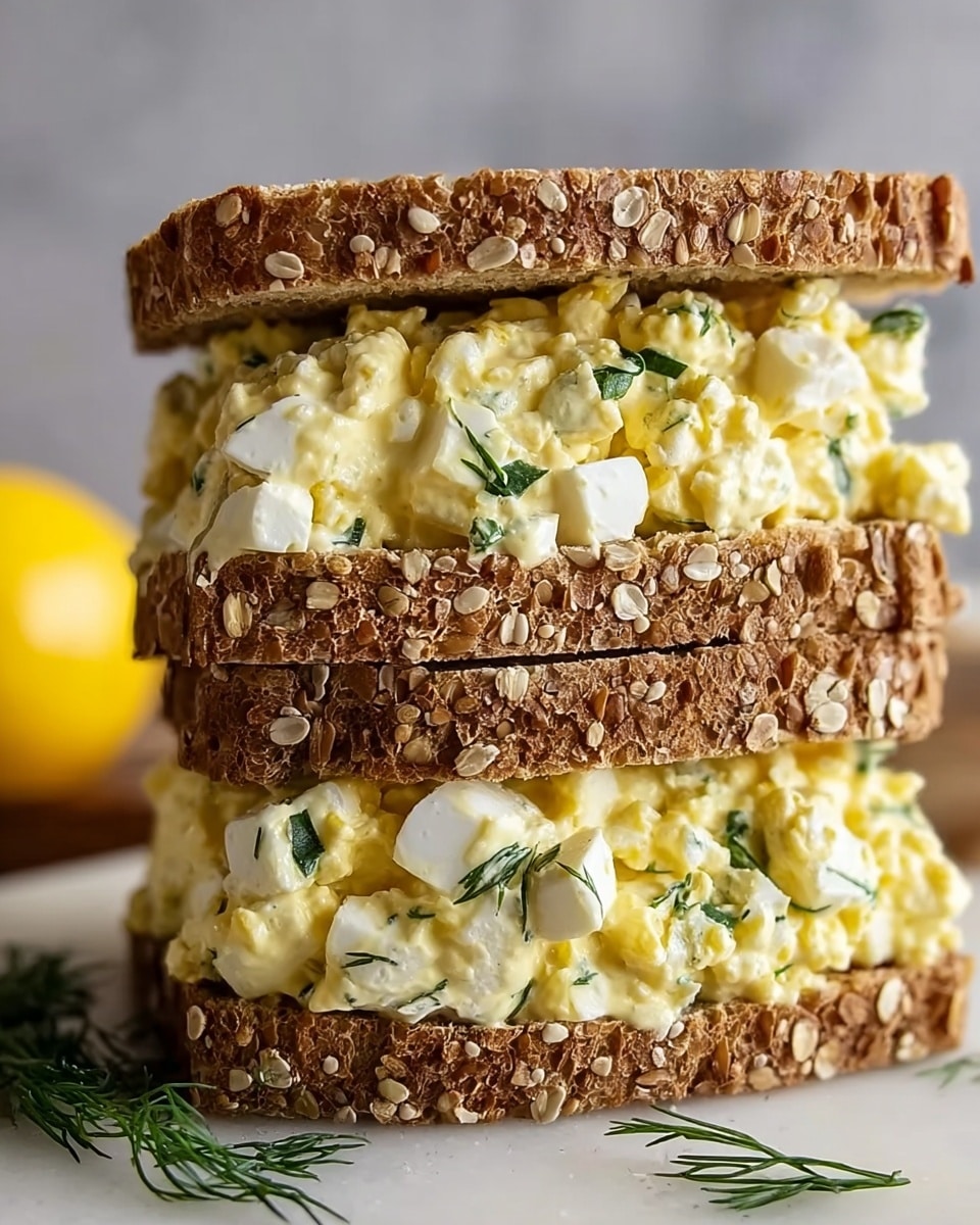 This image shows a close-up view of a thick sandwich made with two slices of dark brown whole grain bread topped with sesame and sunflower seeds. Inside the sandwich, there are two layers of creamy egg salad filling with visible small pieces of boiled egg whites and yolks, mixed with fresh green dill leaves. The egg salad has a soft, slightly chunky texture with a pale yellow color. The sandwich is stacked on a wooden surface with a blurred lemon in the background, all set against a white marbled texture. photo taken with an iphone --ar 4:5 --v 7