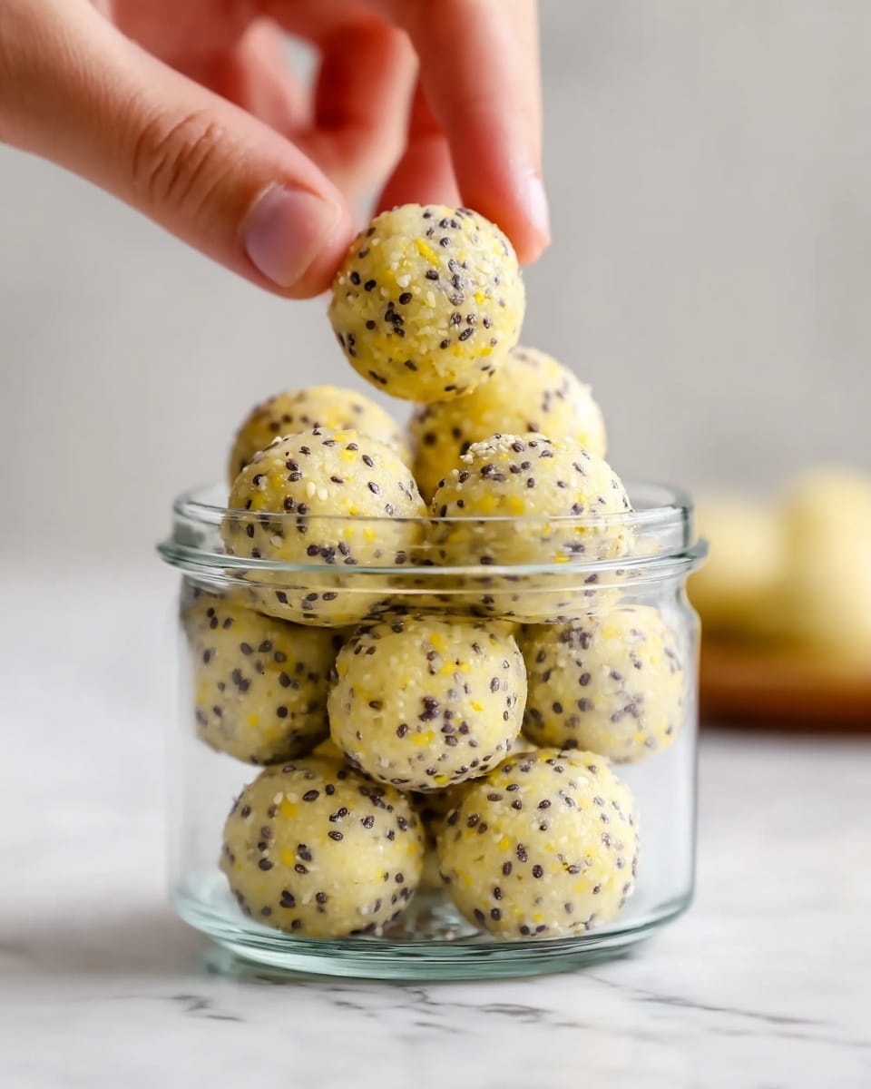 A clear glass jar filled with round yellowish balls that have small black and white seeds scattered all over their surface, giving a textured look. A woman's hand is gently holding one of the balls at the top, showing its size and round shape. The jar is placed on a white marbled surface, and the background is softly blurred in white tones, making the balls the main focus. The balls appear smooth but speckled with tiny seeds, and they are piled neatly within the jar, showing a layered effect of many balls stacked together. photo taken with an iphone --ar 4:5 --v 7