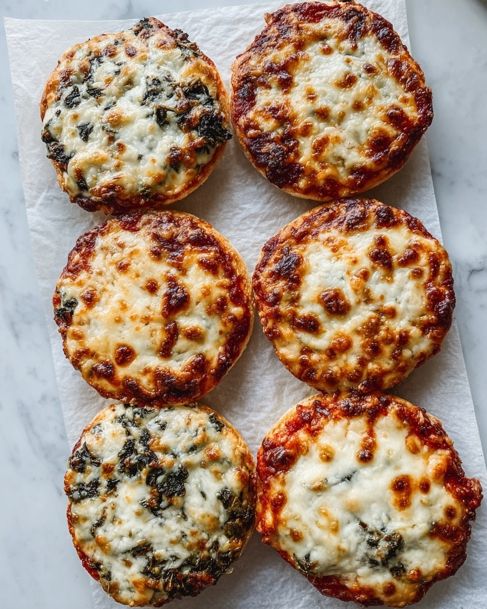 Six small round pizzas are placed on white parchment paper over a white marbled surface. Each pizza has two main layers: a slightly browned creamy white cheese top layer with bubbly and browned spots, and beneath it, a dark green leafy vegetable mixed within the white base. Two of the pizzas have an extra layer underneath the cheese that is a rich red tomato sauce, visible around the edges and through some parts of the cheese. The edges of all pizzas are slightly crispy and browned. The pizzas are arranged in pairs, with two showing mostly white cheesy tops and the other four showing more of the red sauce on top. Photo taken with an iphone --ar 4:5 --v 7