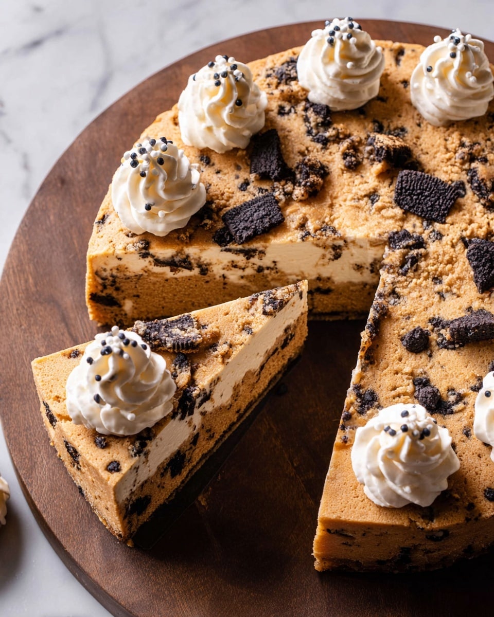 A round cookie cake is cut into slices on a white plate with a white marbled surface underneath. The cake has one thick layer made of golden-brown cookie dough filled and topped with crushed dark chocolate cookies. One slice is pulled out slightly, showing the chewy texture and cookie pieces inside. Dollops of white whipped cream with small white sprinkles decorate the edges. Crumbs and bits of cookie are scattered around the plate. Photo taken with an iphone --ar 4:5 --v 7