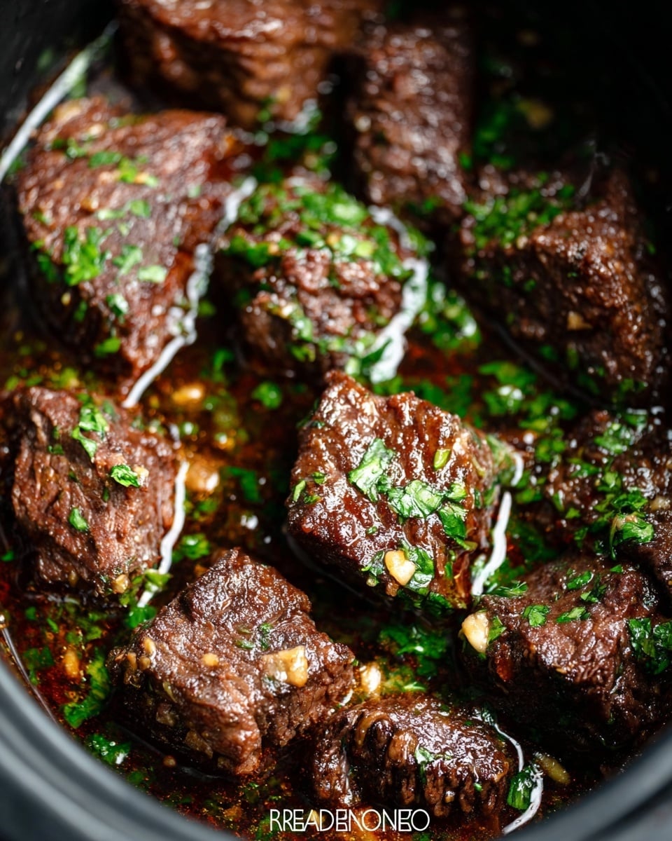 The image shows several dark brown beef chunks cooked in a glossy sauce inside a black pot. The beef pieces have a textured surface with a slightly crispy outside and are scattered throughout the pot. They are covered and sprinkled with bright green chopped herbs, likely parsley or cilantro, that add a fresh contrast to the rich brown meat. Small bits of garlic and some sauce bubbles are visible around the beef pieces, giving the dish a moist and savory appearance. The overall look is hearty and flavorful with a mix of dark, shiny meat and bright green herb details. Photo taken with an iphone --ar 4:5 --v 7