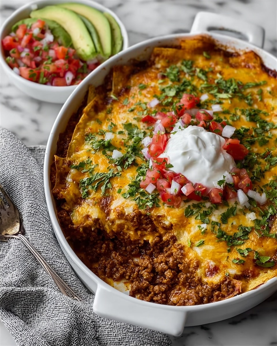A white oval baking dish filled with a layered casserole showing two main layers: the bottom layer is browned ground meat mixed with taco seasoning, and the top layer is a melted, golden-brown cheese crust with some crispy edges, sprinkled with chopped fresh green herbs. On top of the cheese are small diced red tomatoes and white onions, a dollop of smooth white sour cream in the center, and a few slices of green avocado scattered around. Next to the baking dish is a white bowl with a fresh mix of diced tomato, onion, and herbs. The dish and bowl sit on a white marbled surface, with a gray textured cloth nearby. photo taken with an iphone --ar 4:5 --v 7