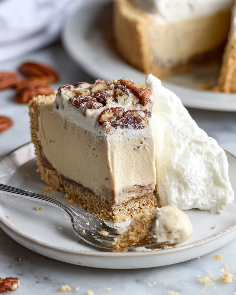 A slice of pie with three visible layers sits on a white plate on a white marbled surface. The bottom layer is a pale yellow, smooth and dense base. The middle layer is a creamy light beige with visible small pecan pieces embedded inside. The top layer is a light, fluffy white cream with speckles of vanilla. The crust is golden brown and crumbly, wrapping around the pie slice and showing the nuts inside the edge. A silver fork rests on the plate with a piece of the pie and cream on its prongs. Photo taken with an iphone --ar 4:5 --v 7