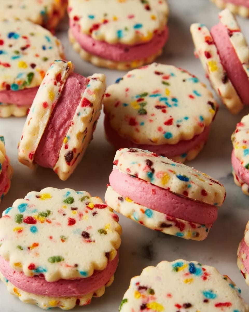 The image shows several sandwich cookies placed on a white marbled surface. Each cookie has two round, light-colored outer layers with small, colorful sprinkles in red, blue, green, and yellow embedded throughout. The outer layers are slightly textured with scalloped edges. Between these layers is a thick, smooth filling of deep pink color, making one clear middle layer. The cookies are stacked and scattered, showing their thickness and colorful detail. Photo taken with an iphone --ar 4:5 --v 7