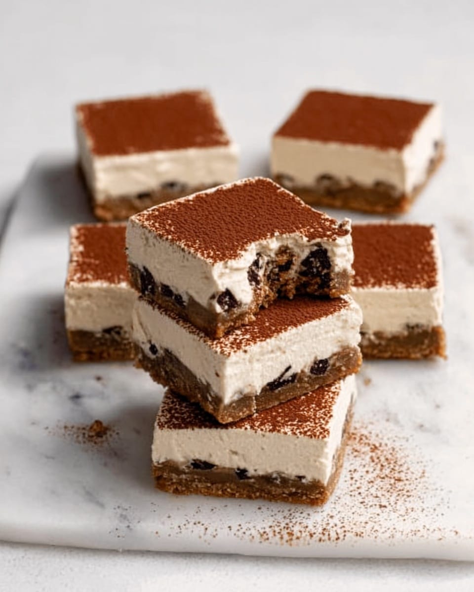 The image shows a stack of four square dessert bars on a white marbled surface. Each bar has two layers: the bottom layer is a dark brown chocolate chip cookie base with chunks of chocolate visible, and the top layer is a thick, creamy white topping dusted evenly with cocoa powder. The top bar has a bite taken out of its upper corner, revealing the soft texture of the frosting and the dense cookie base below. The background is plain with a smooth white color, emphasizing the layered bars. photo taken with an iphone --ar 4:5 --v 7