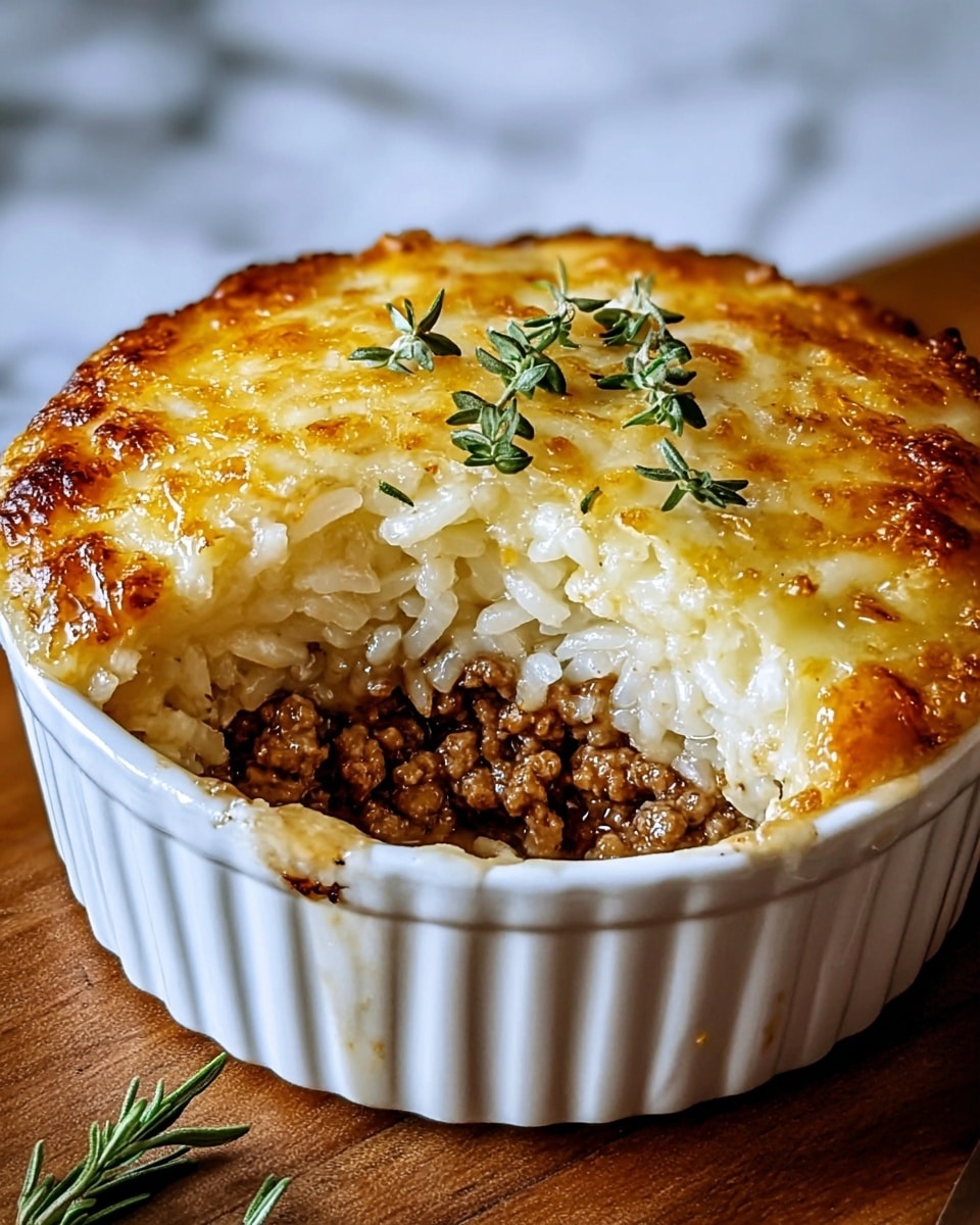 A close-up view of a white ceramic ramekin filled with a layered baked dish. The bottom layer is brown cooked ground meat, topped with a thick layer of white rice mixed with melted cheese that has a golden-brown, crispy crust on top. Small green herb sprigs garnish the top center. A small portion has been scooped out, showing the clear separation between the meat and the creamy rice layers. The ramekin sits on a wooden surface with a white marbled texture background. Photo taken with an iphone --ar 4:5 --v 7