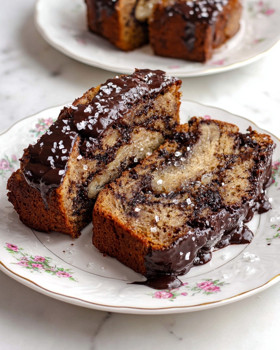 Two thick slices of chocolate chip banana bread lie side by side on a white plate with floral patterns. The bread has a light brown, moist texture with dark, melted chocolate chunks and swirls evenly spread throughout. Each slice's outer edge is coated with a glossy, rich dark chocolate layer that drips slightly onto the plate. Sprinkled on top are coarse grains of sea salt adding a sparkling contrast to the chocolate. The plate rests on a white marbled surface, and the background features a second plate with another slice of the same bread. Photo taken with an iphone --ar 4:5 --v 7