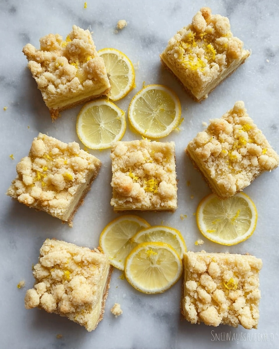 The image shows nine square lemon crumb bars arranged in a circle around five thin lemon slices laid flat in the center on a white marbled surface. Each bar has two visible layers: a light-colored bottom crust and a crumbly, golden-yellow streusel topping with small and large crumbs unevenly spread. The bars look soft with a slightly rough texture on top and smooth edges. Tiny bits of lemon zest are scattered on the crumb layer adding a touch of brightness. The light and shadows create a soft, natural look. photo taken with an iphone --ar 4:5 --v 7