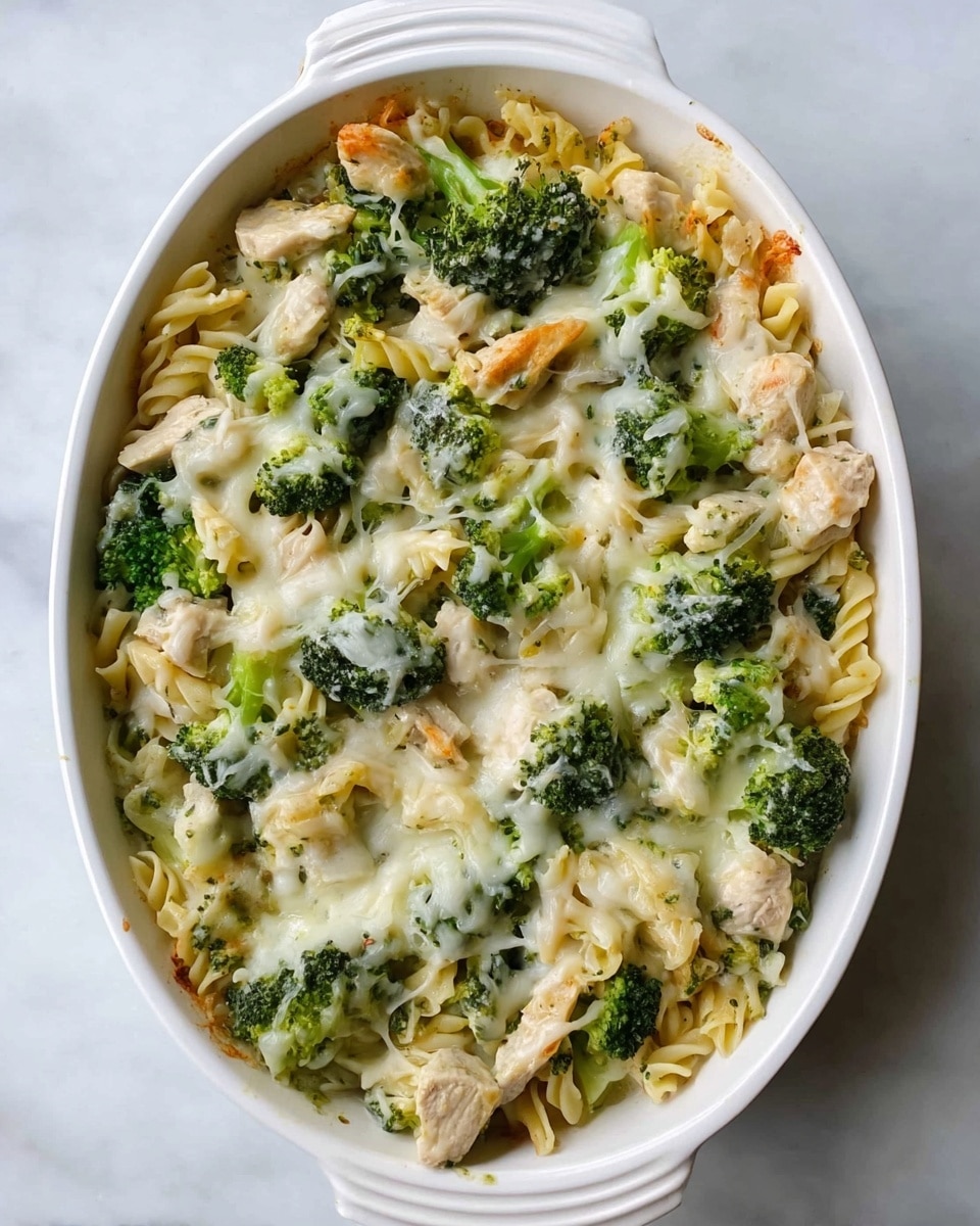 The image shows a white oval ceramic dish filled with a baked casserole that has three main visible layers. The bottom layer is a bed of cooked spiral pasta, light yellow in color. On top of the pasta, there are bright green broccoli florets evenly spread, mixed with chunks of light beige cooked chicken pieces. The top layer is melted white cheese, slightly browned in spots, giving a creamy and gooey texture that covers the pasta, broccoli, and chicken. The dish sits on a white marbled surface. Photo taken with an iphone --ar 4:5 --v 7