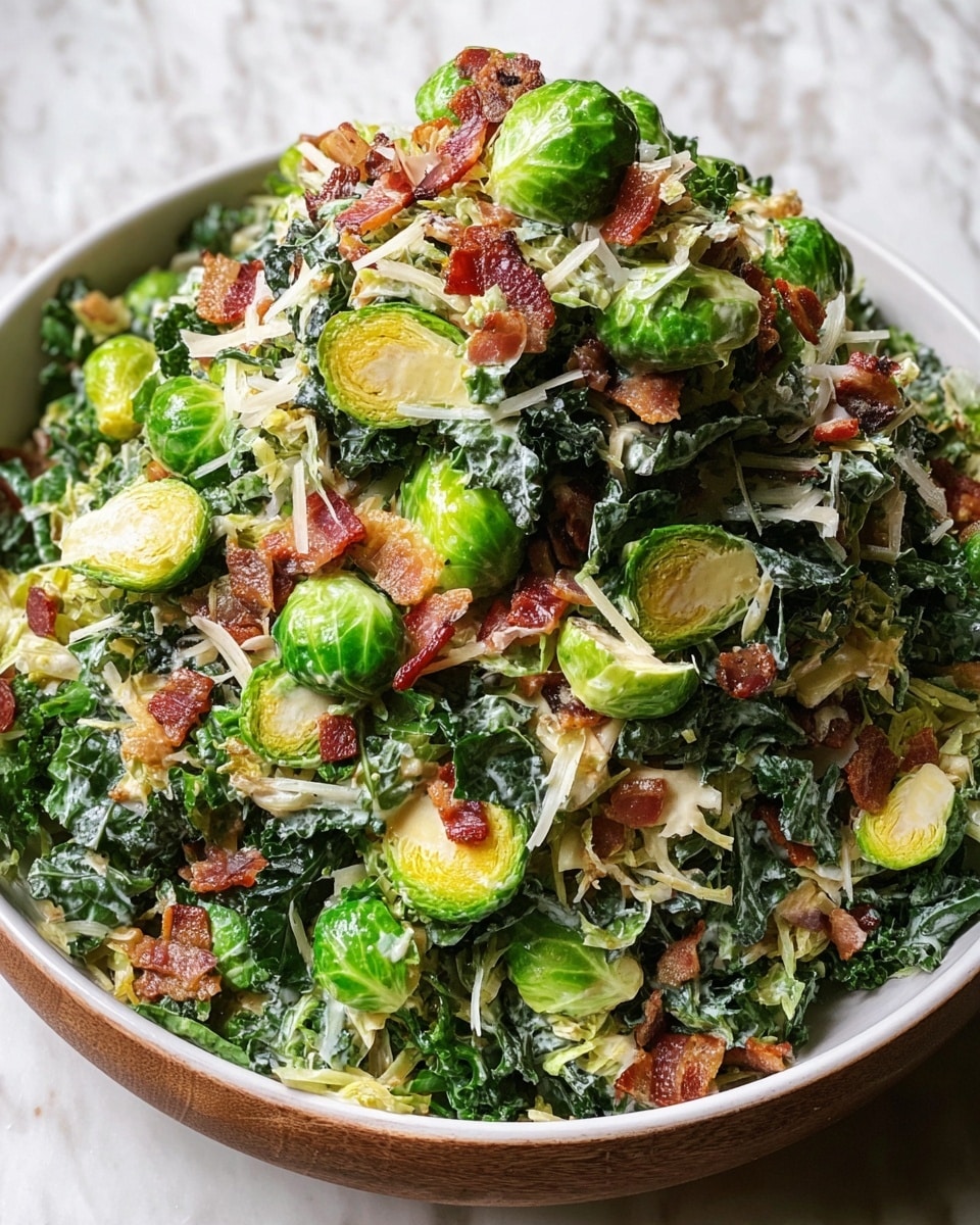 A large wooden bowl is filled with a fresh salad made of bright green halved Brussels sprouts and shredded leafy greens mixed with creamy dressing. Crispy bits of browned bacon and small pieces of chicken are scattered throughout, adding texture and color contrast. Thin white strips of cheese are sprinkled on top, lightly melting into the salad. The surface beneath the bowl is a white marbled texture. photo taken with an iphone --ar 4:5 --v 7