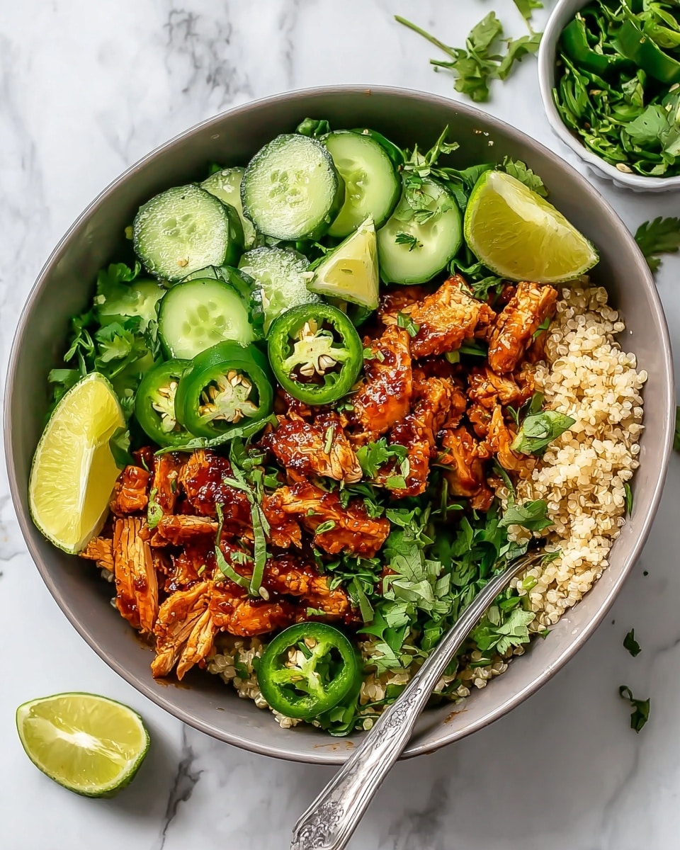 A bowl with a base layer of light-colored couscous, topped with sliced grilled chicken covered in a dark red sauce. Bright green sliced jalapeños and fresh green herbs are sprinkled over the chicken. On top and around the edges are slices of fresh cucumber and lime wedges, adding fresh green and yellow tones. A silver fork rests on the right side inside the bowl. The bowl is white with a dark interior, and the setting shows a white marbled surface with a small bowl of herbs and green leaves nearby. Photo taken with an iphone --ar 4:5 --v 7