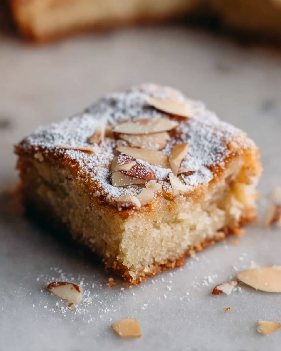 The image shows a close-up of a single square pastry with three visible layers: a light, fluffy golden-brown bottom layer, a middle layer with a slightly denser texture, and a top layer dusted generously with white powdered sugar and thin, toasted almond slices that add texture. The pastry has a small bite taken from one corner, revealing the crumb inside. Around the pastry, there are scattered almond slices on a white marbled surface. Photo taken with an iphone --ar 4:5 --v 7