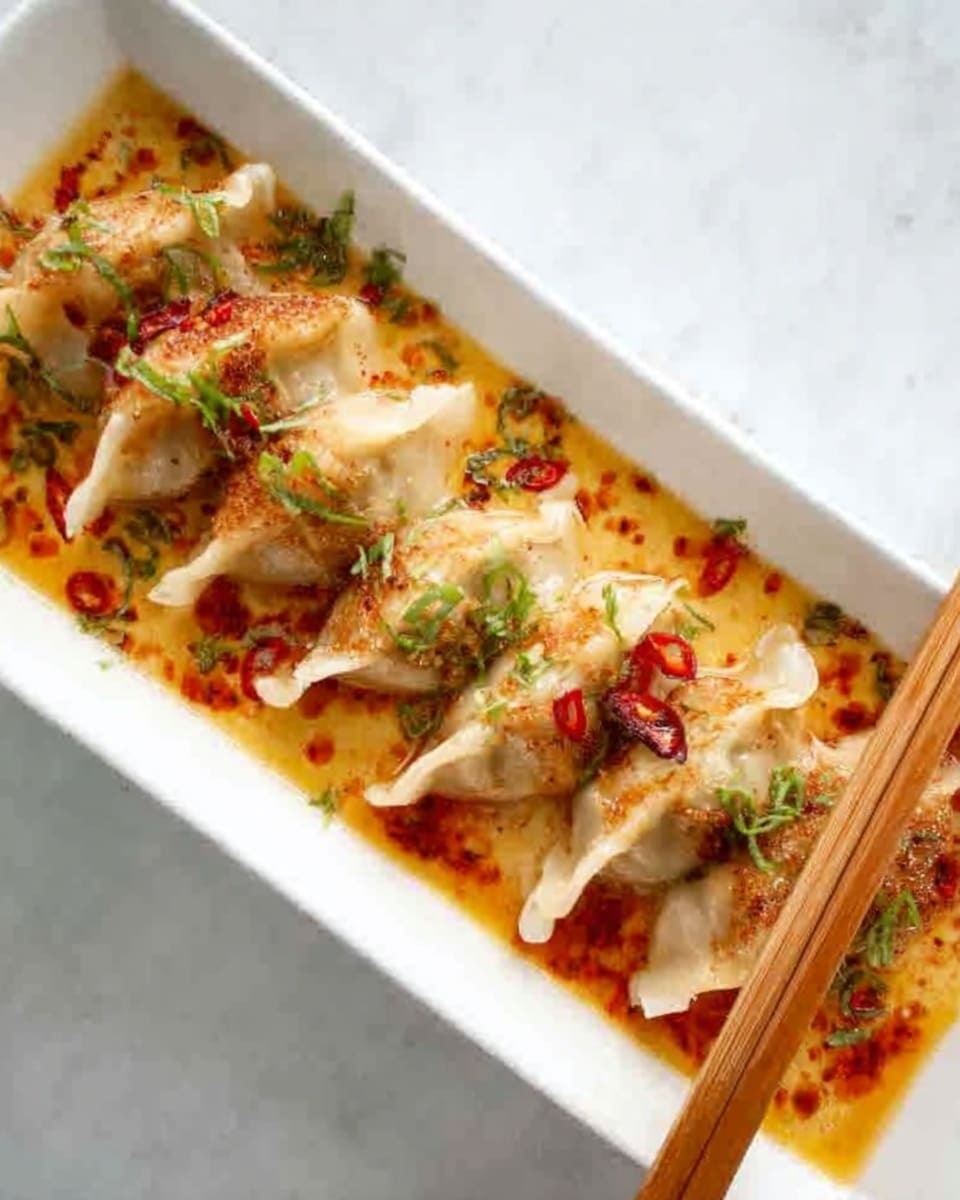 The image shows a white rectangular dish with six golden-brown dumplings lined up in a single row. Each dumpling has a crispy, slightly browned texture with visible thin folds. They are topped with finely chopped green herbs and small red chili pieces, scattered evenly across the dumplings and the light brown sauce beneath them. A pair of wooden chopsticks rests diagonally on top of the dish. The dish is placed on a white marbled surface. Photo taken with an iphone --ar 4:5 --v 7