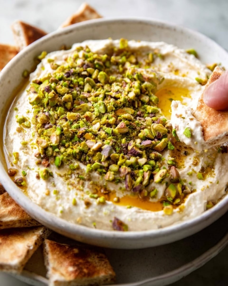 A white bowl filled with a creamy, pale beige dip topped with a thick layer of finely chopped, bright green pistachios and drizzled with golden olive oil, surrounded by pieces of light brown pita bread on a white marbled surface, a woman's hand holding a piece of pita near the edge of the bowl, the textures showing smooth cream and crunchy nuts clearly visible, photo taken with an iphone --ar 4:5 --v 7