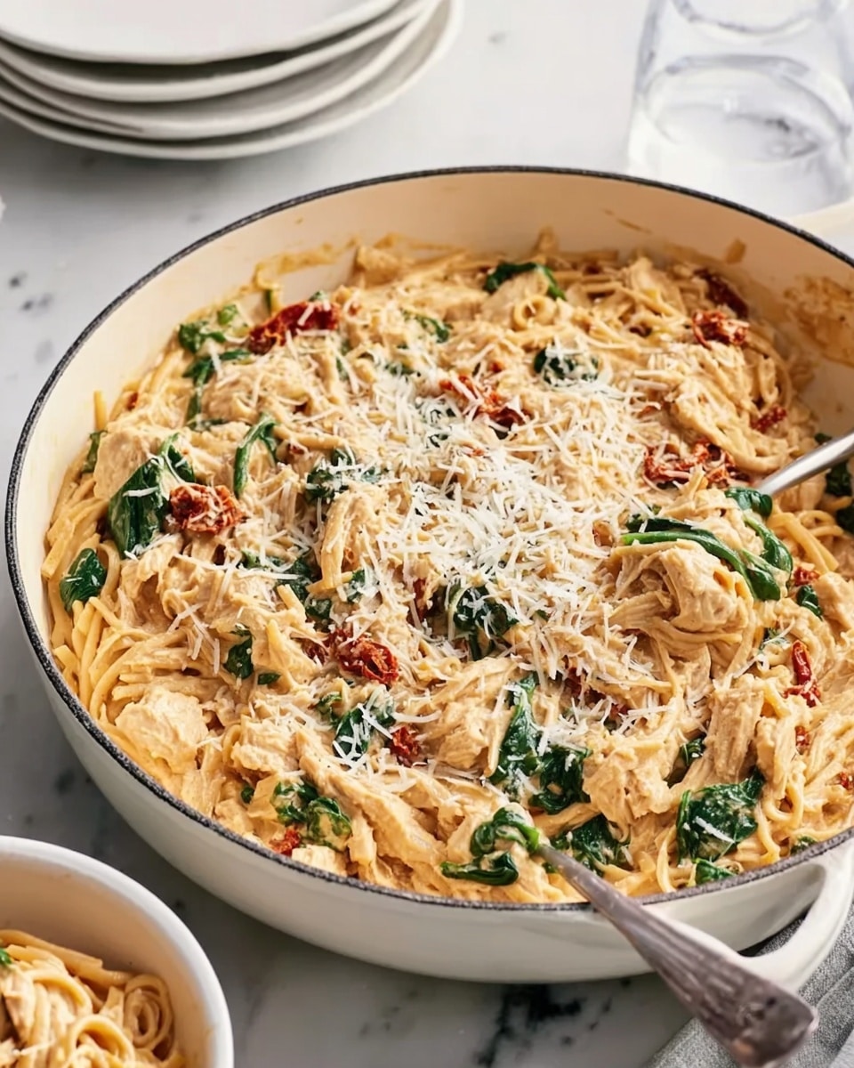 A white skillet filled with a creamy pasta dish that has several layers: the base layer is a light beige creamy sauce mixed with orzo pasta, on top scattered dark green spinach leaves and small pieces of white shredded chicken, then bright red bits of sun-dried tomatoes spread throughout; the entire dish is sprinkled with shredded white cheese and a silver spoon is placed inside the skillet on the right side, all set on a white marbled surface with a stack of white plates and a white bowl with the same pasta dish partly visible in the background, photo taken with an iphone --ar 4:5 --v 7