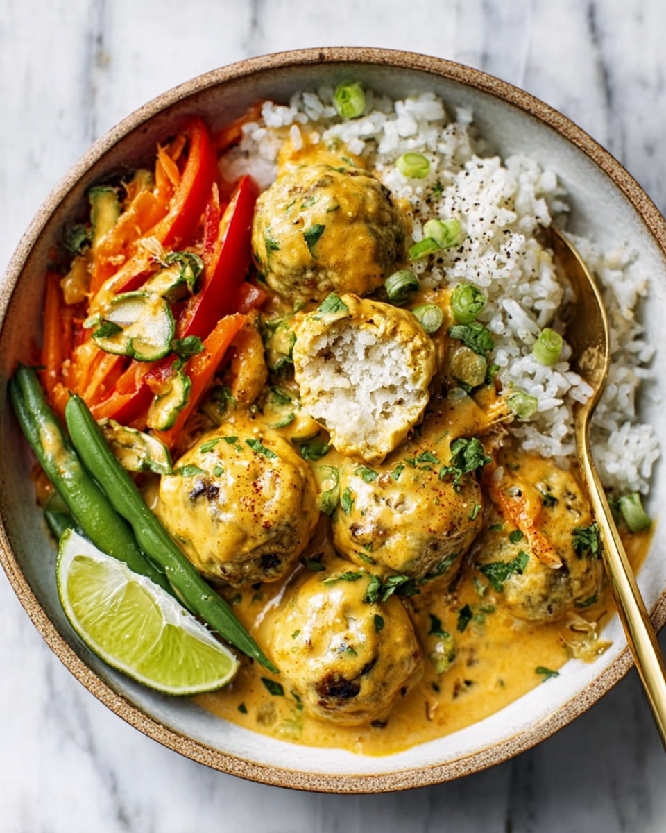 A white bowl filled with a colorful dish showing three layers: the bottom layer is white rice mixed with bright green asparagus and sliced red and orange bell peppers; the middle layer consists of golden-yellow meatballs with flecks of greens inside, one cut in half revealing a soft texture; the top layer is a light yellow creamy sauce drizzled on the meatballs and vegetables, garnished with fresh chopped green herbs and a thin lemon slice on the side, with a gold spoon resting in the bowl; the whole scene is set on a white marbled surface photo taken with an iphone --ar 4:5 --v 7