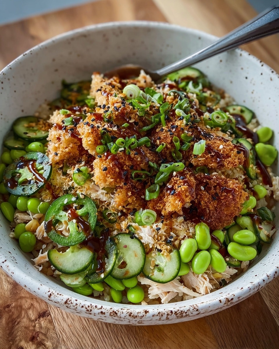 A bowl with a white base and brown speckles holds a layered dish. The bottom layer is light-colored rice mixed with shredded pieces of pale chicken. On top, there are crunchy golden-brown crispy fried chicken chunks. Over this are thin, round green cucumber slices and bright green edamame beans scattered around. There are dark green jalapeño slices with inner white seeds near the center. The dish is sprinkled generously with chopped green onions and small black sesame seeds. A dark brown sauce is drizzled evenly over the top. A silver fork rests inside the bowl on the right. The bowl sits on a wooden surface. photo taken with an iphone --ar 4:5 --v 7