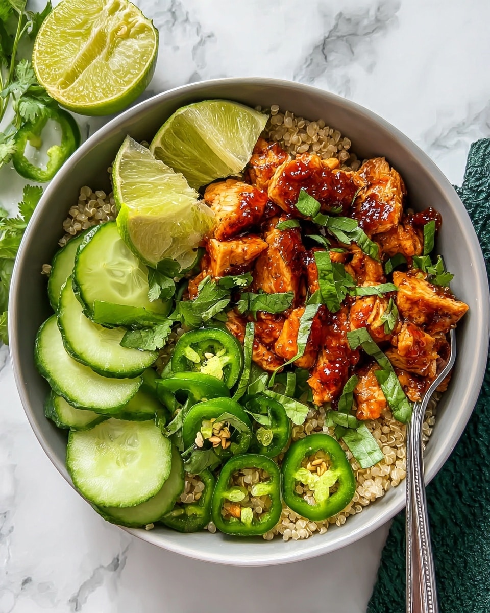 A white bowl filled with four main layers: the bottom layer is a light beige grain texture covering the base, topped with a layer of chopped grilled chicken coated in a sticky, reddish-brown sauce. On one side, there are several bright green slices of fresh cucumber, and near them are slices of bright green jalapeño peppers scattered over the chicken. There are also fresh green herb leaves scattered on top and around the bowl. Two lime wedges with a bright yellow-green color are positioned on one side. A silver fork rests inside the bowl, and everything is set on a white marbled surface. Photo taken with an iphone --ar 4:5 --v 7