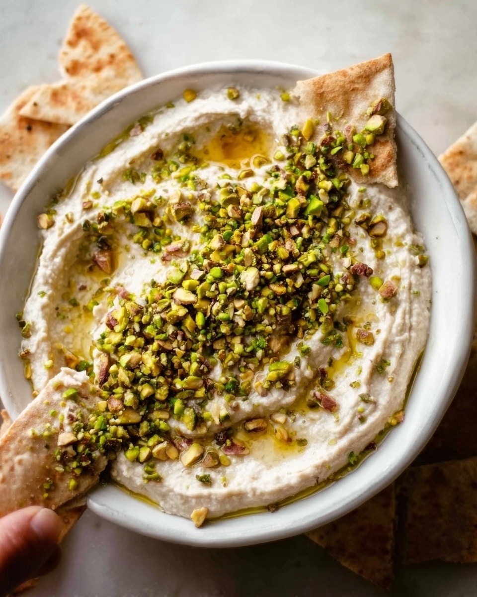 A close-up of a white bowl on a white marbled surface filled with creamy, smooth hummus that has a light tan color. The hummus is spread evenly, forming a shallow well in the center which holds a golden layer of olive oil. On top of the oil, there is a generous pile of chopped green pistachios with some bits of brown skin visible, adding texture and color contrast. A silver spoon rests partly inside the bowl, with a woman's hand gently holding the edge of the bowl. photo taken with an iphone --ar 4:5 --v 7