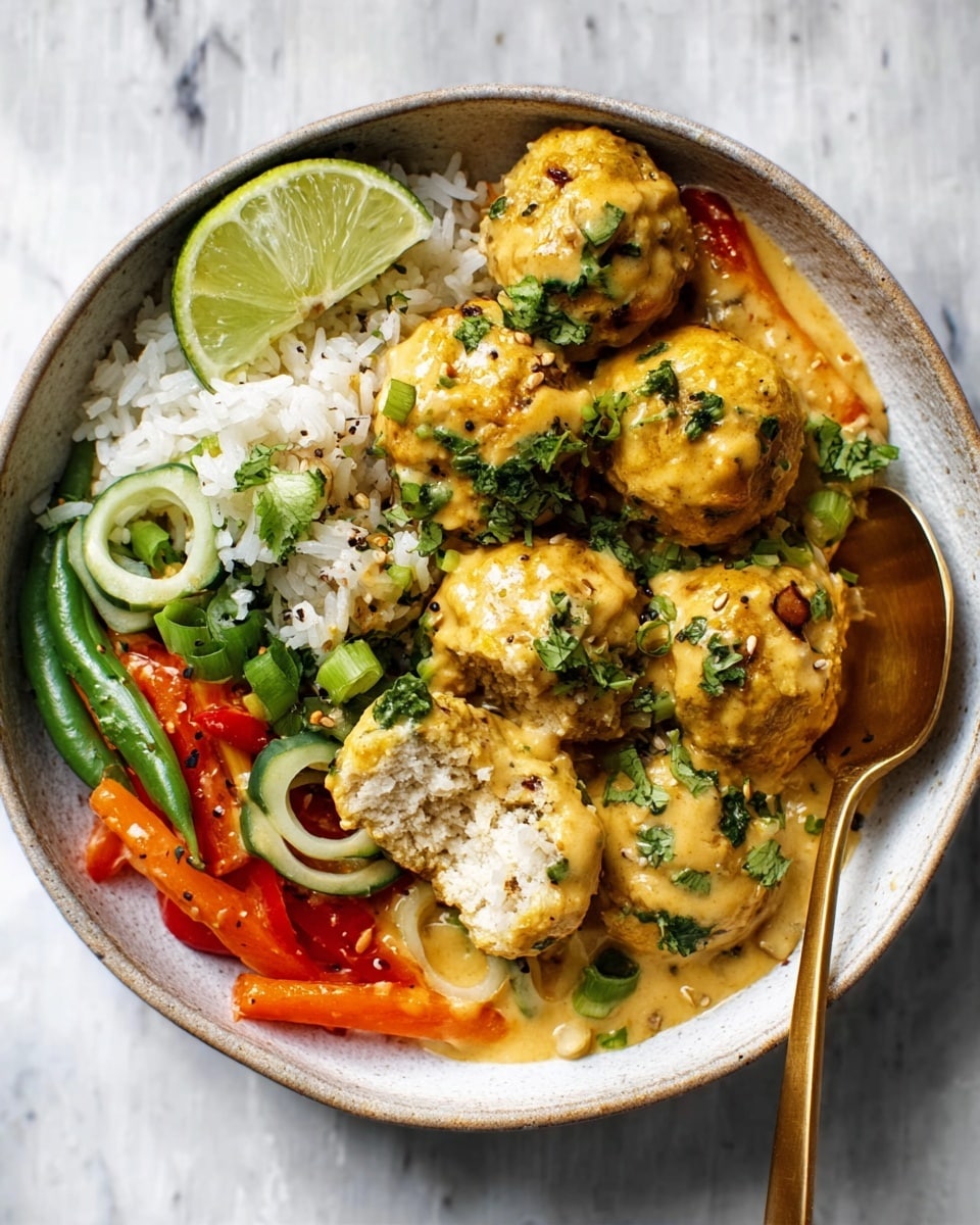 A white bowl filled with a colorful dish showing multiple layers: at the base, there is white rice mixed with thin slices of green beans, red bell peppers, and orange carrot pieces. On top, there are several round yellow meatballs with green herbs dotting their surface, one of which is cut in half showing a light, tender inside. The meatballs and vegetables are drizzled with a creamy yellow sauce, sprinkled with chopped green herbs and black pepper. A slice of lime is visible adding a touch of bright green and yellow on one side of the bowl. A gold spoon is placed inside the bowl on the right side. The background is a white marbled texture. Photo taken with an iphone --ar 4:5 --v 7
